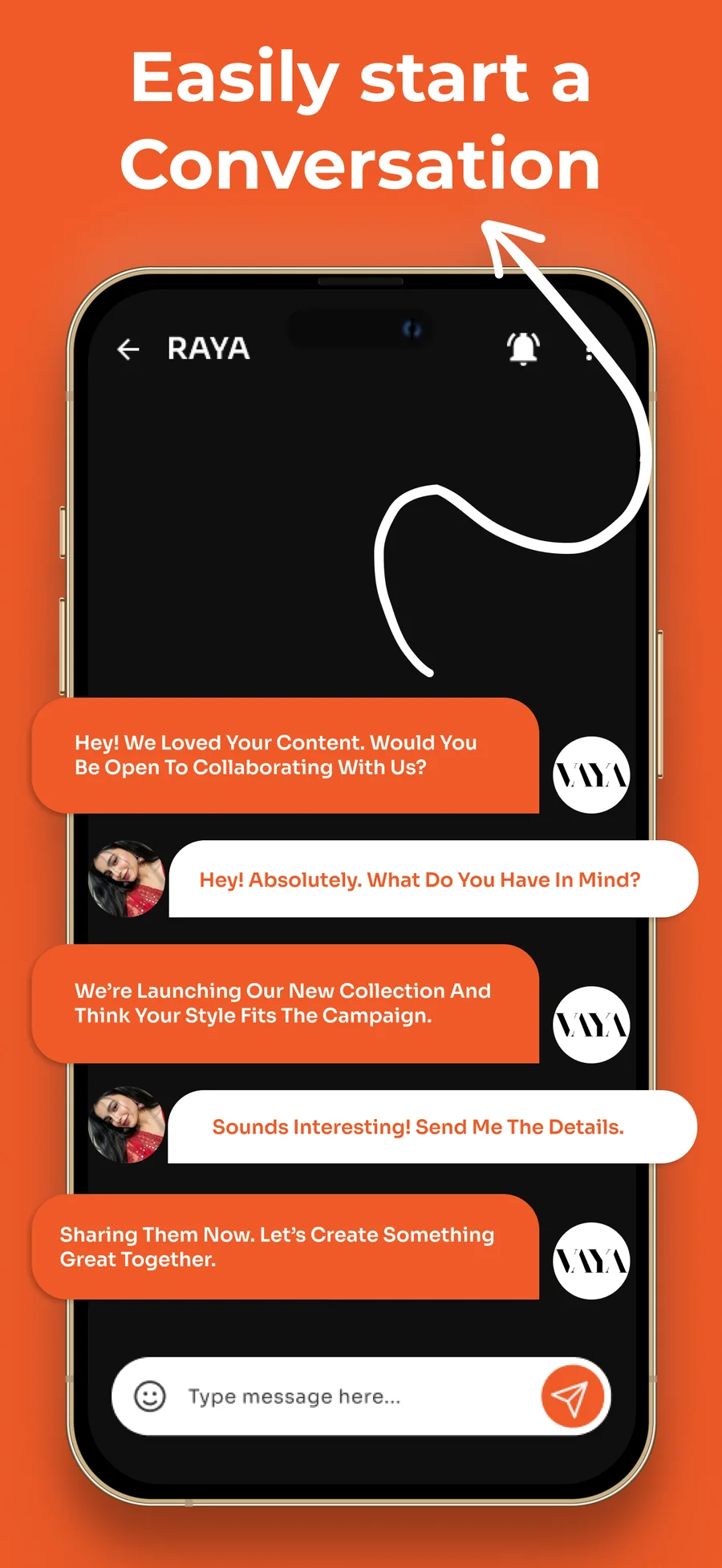 In-app chat in which a brand invites a creator to collaborate on a campaign