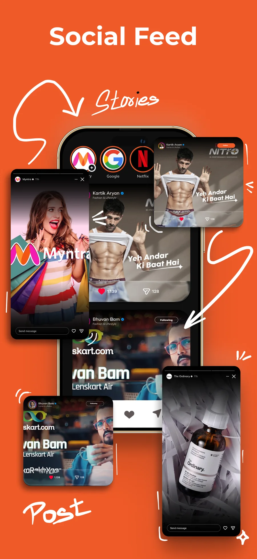 Social feed with stories and posts from brands and creators