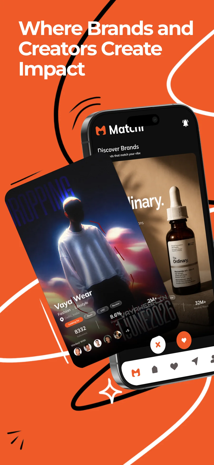 Mymatchr app screen showing a creator card over a brand card, under the line Where Brands and Creators Create Impact