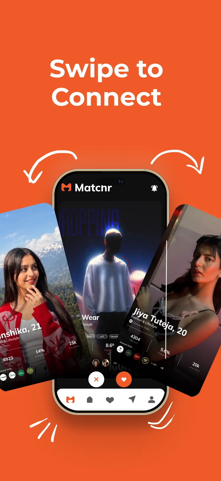 Swipe screen with creator profile cards fanned out either side of the phone